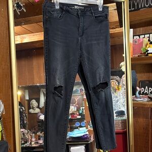 Distressed Black Jeans with Zippers on the back